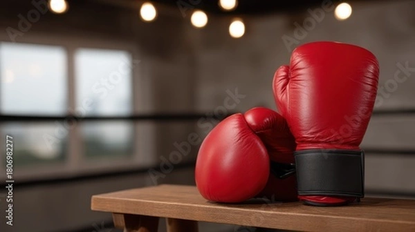 Obraz Close-Up of Red Boxing Gloves Resting on a Table in a Boxing Gym Environment