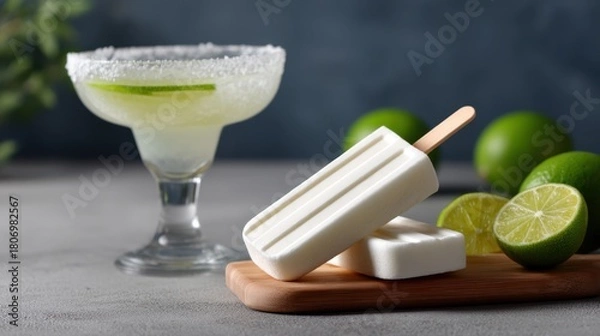 Obraz Refreshing Boozy Popsicle Beside a Margarita Glass with Limes and a Wooden Board