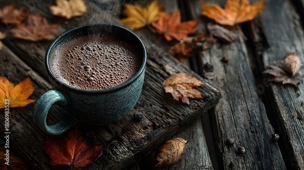 Fototapeta Top-down view of a warm mug of creamy hot chocolate on a rustic wooden park bench, surrounded by colorful autumn leaves with a wisp of steam.