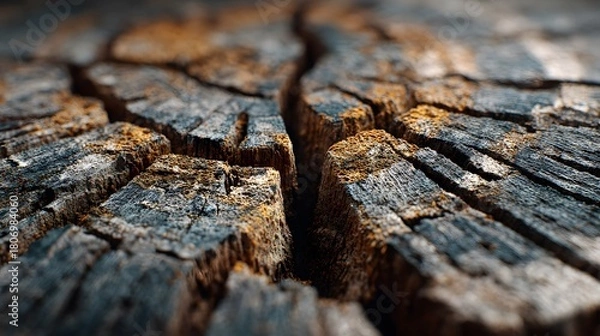 Fototapeta Ultra-detailed macro photograph captures the cross-section of an ancient, weathered tree trunk, revealing its intricate growth rings and deep cracks.