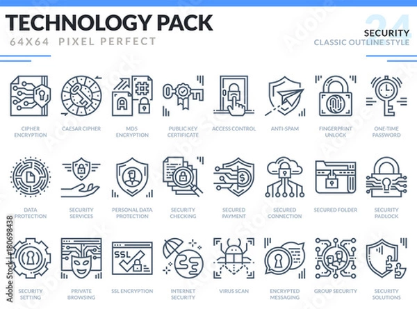 Fototapeta Security Icons Set. Technology outline icons pack. Pixel perfect thin line vector icons for web design and website application.