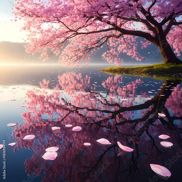 Fototapeta Calm Reflective Lake Under Blooming Branches in Soft Spring Light