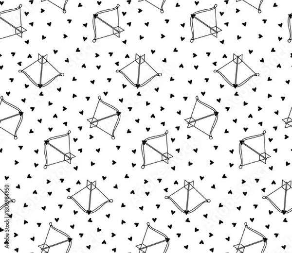 Obraz cute cartoon bow and heart arrow Valentine's Day seamless pattern. Vector graphic line black and white illustration. background for banners, print for fabric, labels, t-shirt printing.