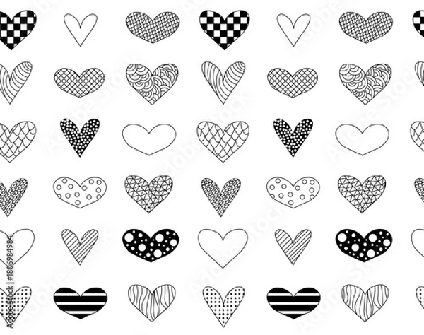 Fototapeta Seamless heart Valentine's Day seamless pattern. Vector graphic line black and white illustration. design for fashion graphics, textile prints, fabrics, wallpapers.