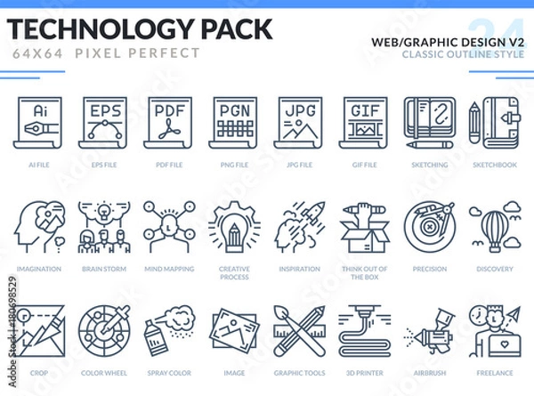 Fototapeta Web and Graphic Design Icons Set. Technology outline icons pack. Pixel perfect thin line vector icons for web design and website application.