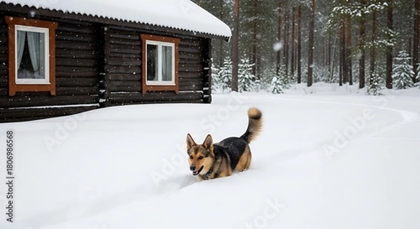 Fototapeta A german shepherd dog enjoys a snowy day playing in the deep snow outside a rustic log cabin