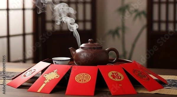 Fototapeta Steaming traditional chinese teapot and cup surrounded by auspicious red envelopes with golden symbols of good fortune