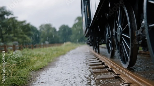 Obraz Close-Up of Wheels Slicing Through Muddy Water on a Rainy Day Near the Train Track