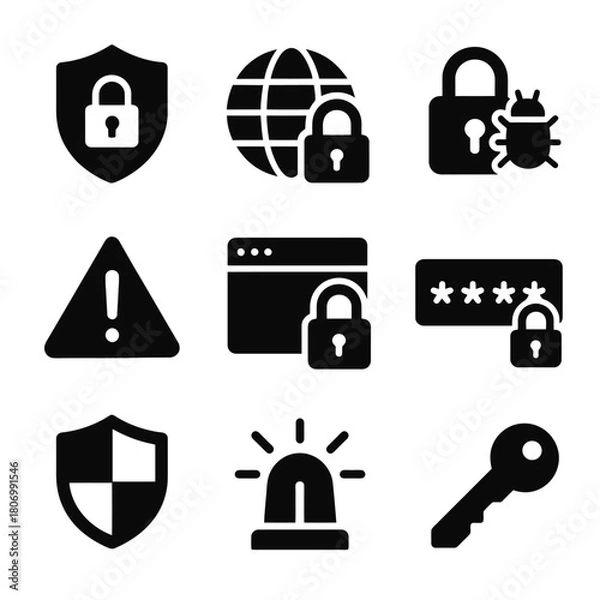Fototapeta Cybersecurity icons collection featuring locks shields and alerts