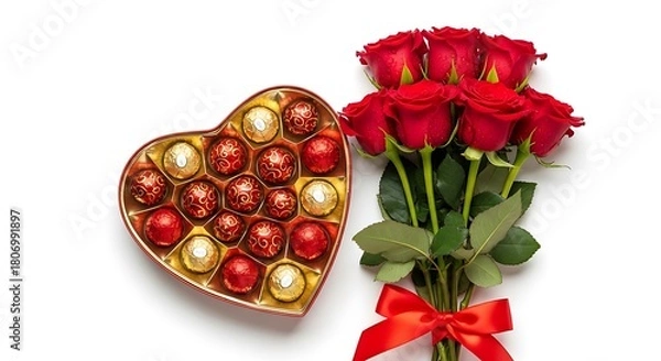 Fototapeta A heart shaped box of assorted chocolates paired with a vibrant bouquet of red roses tied with a red ribbon