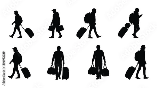Obraz Traveler silhouettes with luggage isolated on white background, Vector