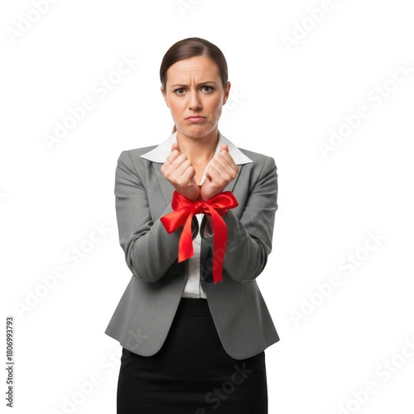 Obraz A frustrated businesswoman with her hands tied in a red ribbon, symbolizing being trapped or overwhelmed by work, isolated on transparent background