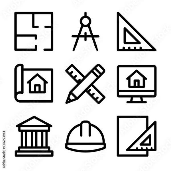 Fototapeta Architectural planning icons set: compass, blueprints, hard hat, computer, building tools