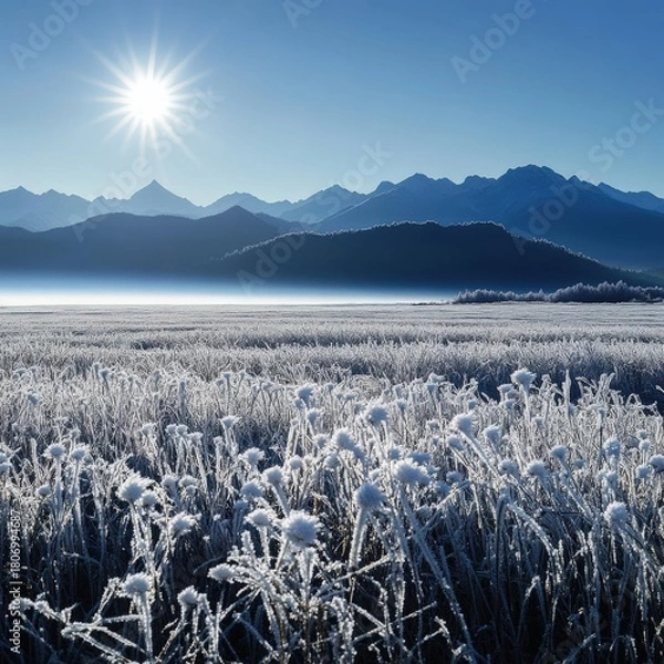 Fototapeta Sunlight reflecting off frost patterns while distant peaks fade into blue haze
