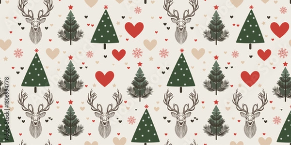 Fototapeta Christmas Seamless Pattern with Reindeers, Christmas Tree, Snowflakes, and Love. Scandinavian Theme Vector Illustration.
