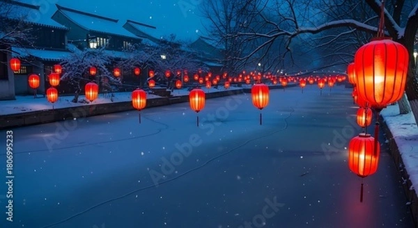 Fototapeta Illuminated red lanterns adorn a snowy canal path during a peaceful winter evening
