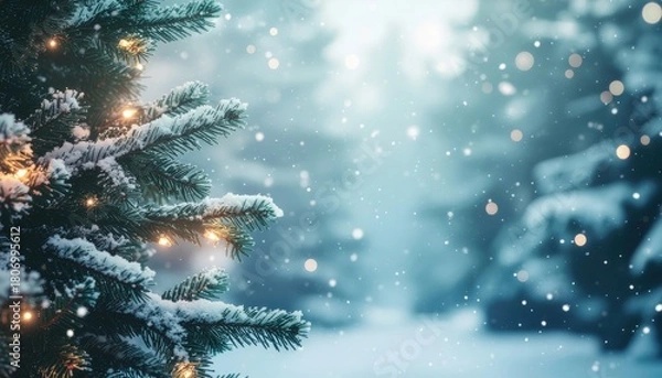 Fototapeta Winter wonderland scene featuring snow-covered pine trees and glistening lights in a tranquil forest setting captured in soft focus for a magical holiday atmosphere