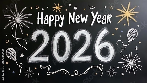 Obraz Happy New Year 2026 with golden fireworks and festive decorations on black background