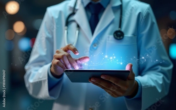 Fototapeta doctor using a digital tablet with AI healthcare Telemedicine technology. Futuristic medical innovation with smart data analysis and neural interface. artificial intelligence in modern medicine