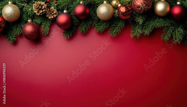 Fototapeta Festive christmas ornaments and pine branches holiday decor scene red background celebratory atmosphere close-up perspective joyous seasonal vibe for holiday cheer