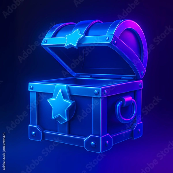 Obraz Glowing Neon Treasure Chest with Star Emblems