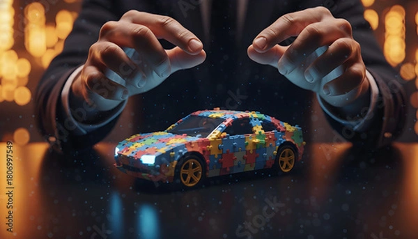 Fototapeta Mans Hands Creating a Futuristic Car with Colorful Puzzle Pieces