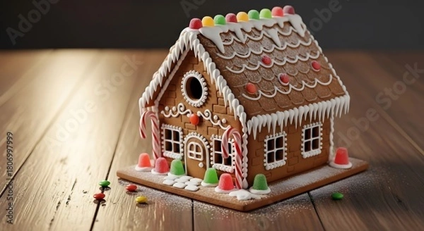 Fototapeta A beautifully decorated gingerbread house adorned with festive icing and colorful candies sits on a wooden surface