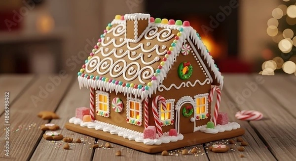 Fototapeta A beautifully decorated gingerbread house illuminated from within sitting on a rustic wooden table with a cozy fireplace in the background