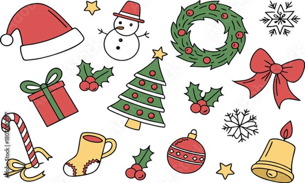 Fototapeta A set of seamless Christmas icons features a vector illustration pattern with Santa, a snowman, tree decorations, gift boxes, and winter holiday symbols