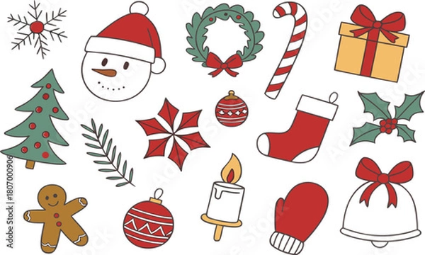 Fototapeta A festive set of Christmas icons and elements including a winter tree, snowman, Santa hat, bell, gift box, and holiday decoration vectors