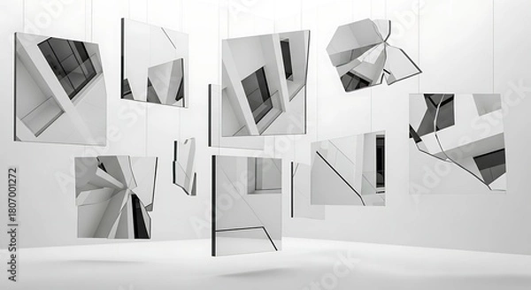 Obraz Abstract architectural installation with suspended geometric panels displaying interior scenes.