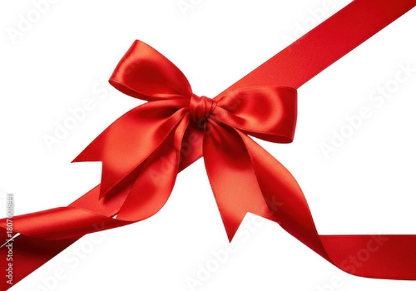Obraz A closeup of a shiny red satin ribbon forming a decorative bow, presented isolated on a stark transparent background, ideal for celebratory designs