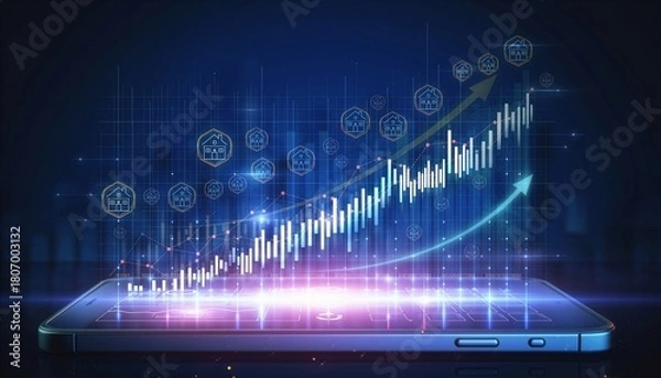 Obraz Mobile real estate analytics screen showing rising property value chart, digital housing growth indicators, supporting smart investment planning, financial decision making, market opportunity tracking
