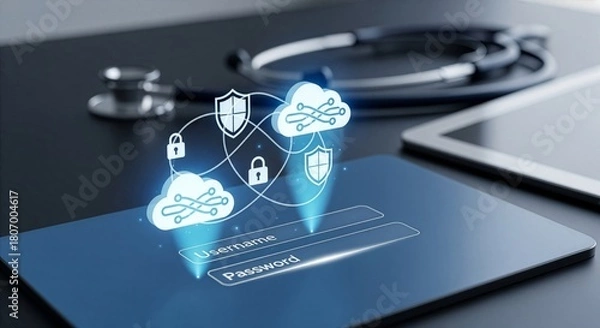 Obraz Digital healthcare security dashboard on a futuristic tablet displaying cloud records, patient data protection, encryption access, and medical privacy monitoring with professional tools.