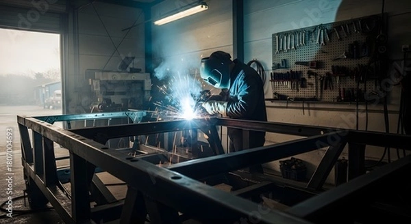 Fototapeta Welder working on metal frame in workshop