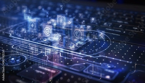 Fototapeta Futuristic AI virtual assistant interface displaying smart chat bubbles, digital network connections, and automated communication technology for business support and intelligent customer interaction.