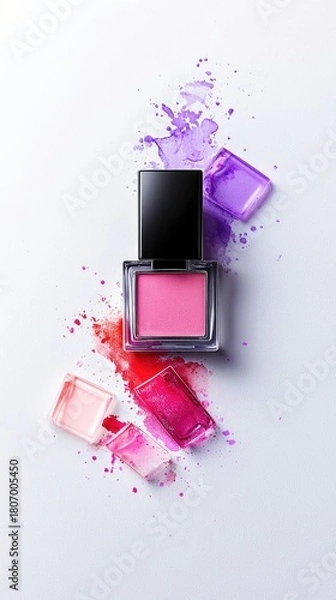 Fototapeta A pink blush compact is surrounded by vibrant splashes and swatches of pink, red, and purple makeup on a clean white surface.