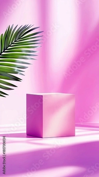 Fototapeta A pink cube pedestal is set against a soft pink background, with dappled light and a green palm frond casting shadows.