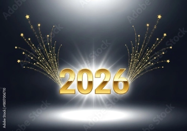 Fototapeta Golden year two thousand twenty six with star trails on a dark background