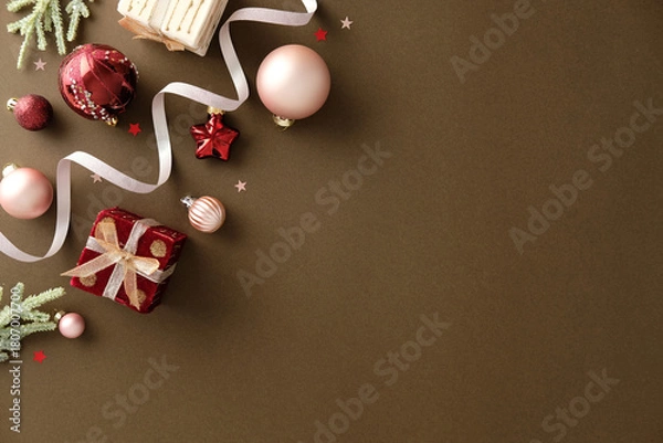 Obraz Flat lay of elegant Christmas decorations with ribbon on brown background