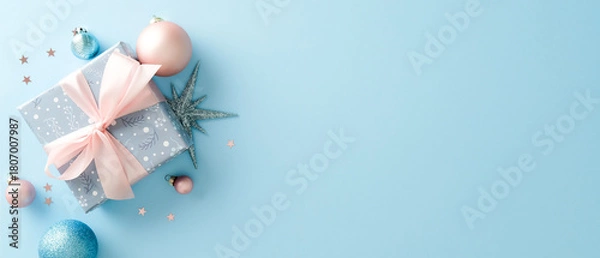 Obraz Stylish Christmas gift box with pink bow and ornaments on blue background. Xmas banner design.