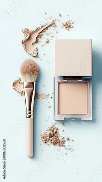 Fototapeta A makeup brush and a compact of powder are shown on a light blue background with scattered powder.