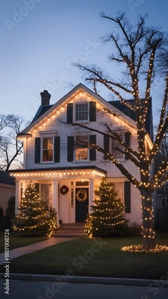 Obraz Festive residence illuminated with warm holiday lights during twilight hours