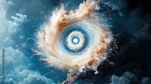 Fototapeta A dramatic vortex of swirling clouds and dust, resembling a hurricane's eye, against a dark, stormy sky.