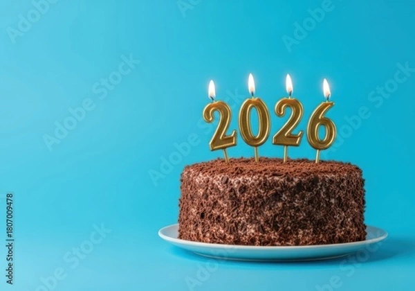 Fototapeta Chocolate cake with year candles on top against a blue color background