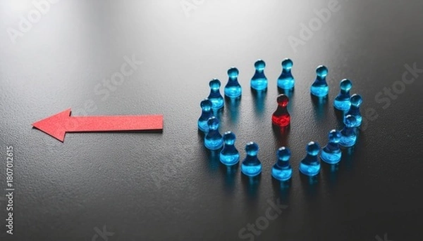 Fototapeta Leadership Concept: Red Arrow Pointing to the Circle of Blue Pawns, One Red Pawn Inside