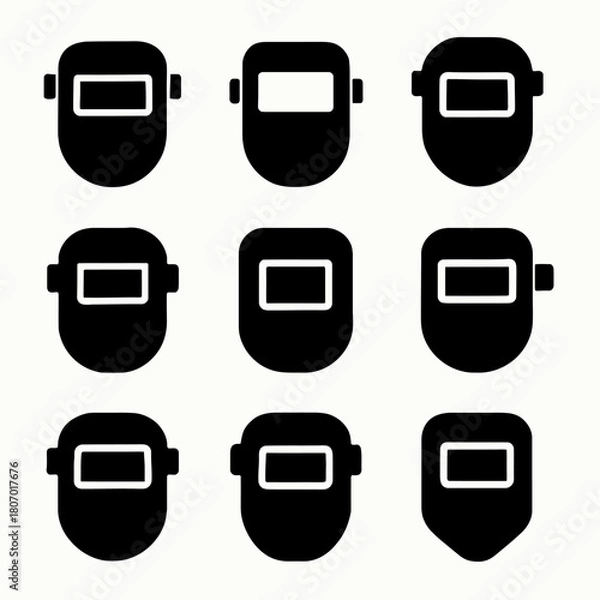 Fototapeta Set of nine black welding helmet icons in grid pattern