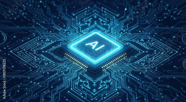 Fototapeta Closeup of a glowing blue ai chip on a circuit board, symbolizing artificial intelligence and advanced technology