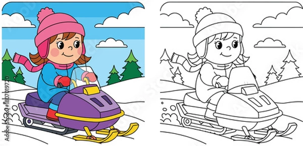 Fototapeta Coloring book page vector illustration of a cute cartoon girl riding a snowmobile in a winter forest with a colorful example and black and white outline.