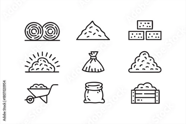 Obraz Garden supply icon suite including mulch mounds, crates and wheelbarrows for UI use